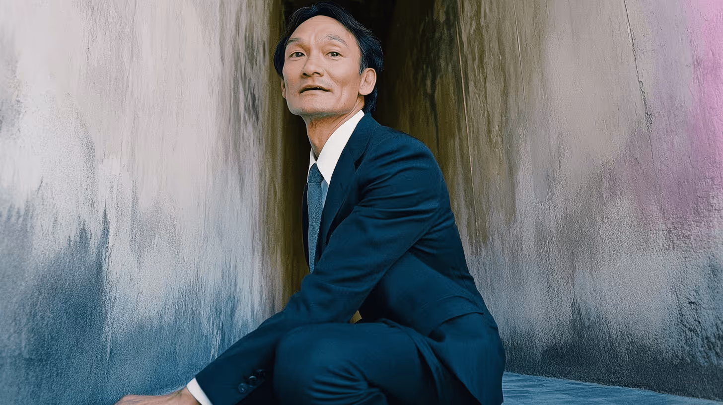 MMA fighter Lawrence Lui crouching in a dark suit with an engaging expression against pastel textured walls.
