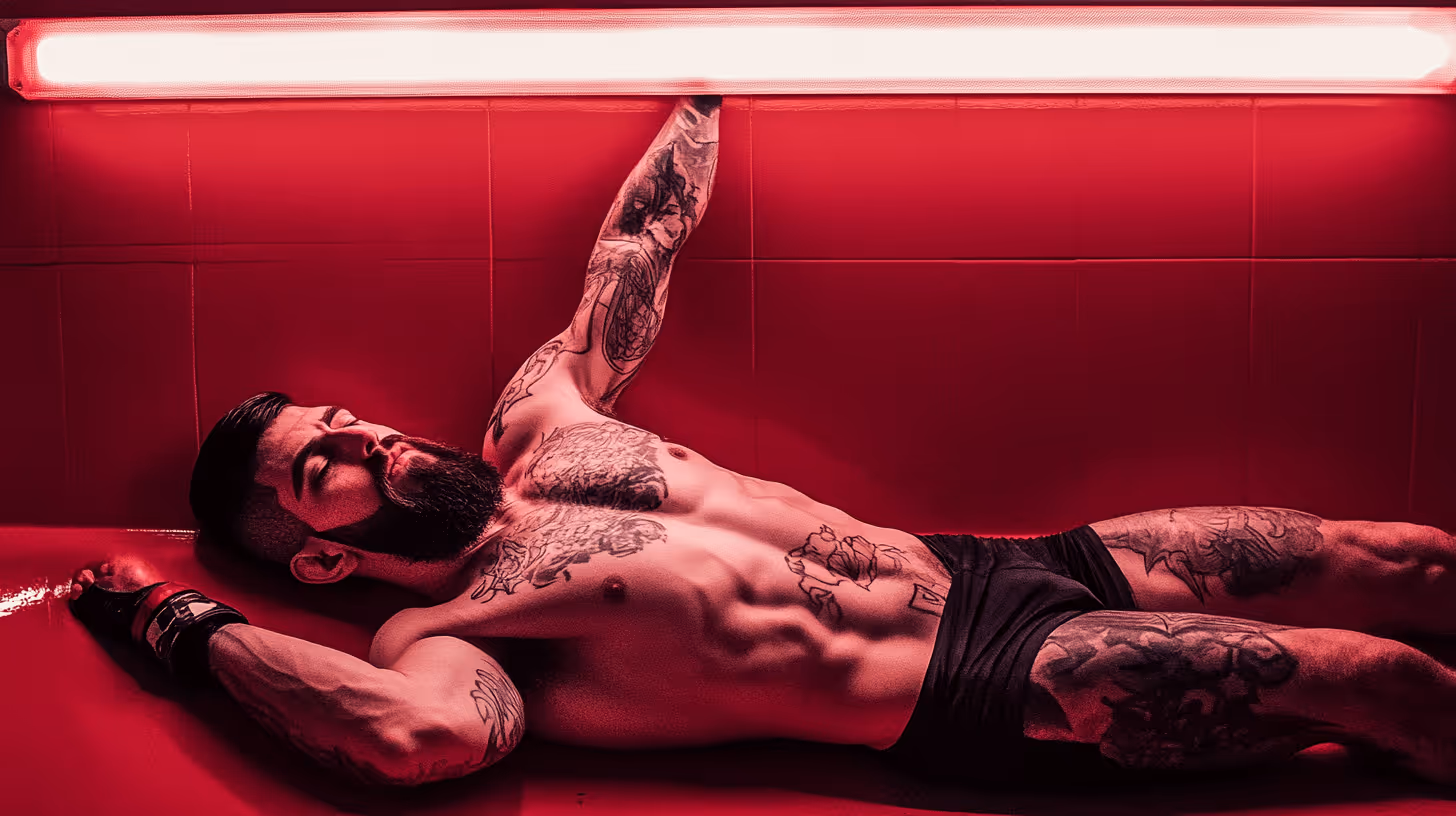 MMA fighter Ilia Topuria lies on a glossy red surface, his muscular, tattooed body relaxed under bold red lighting.