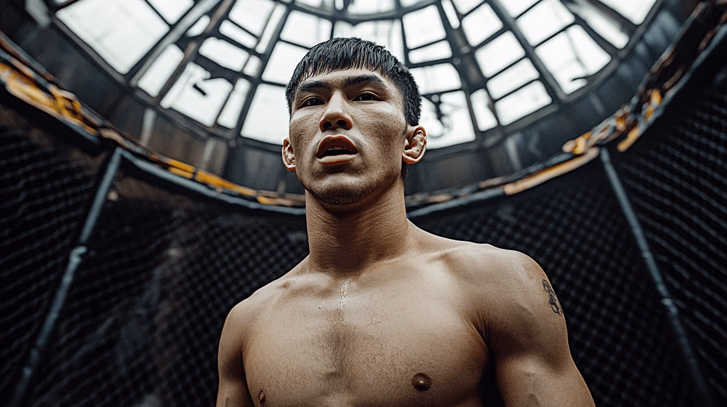 Determined shirtless MMA fighter with tattoos stands in an octagon cage under muted, filtered light.