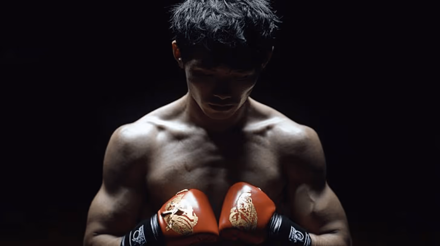 Yod-IQ MMA fighter in a contemplative pose with defined muscles, red boxing gloves, and a dramatic dark backdrop.