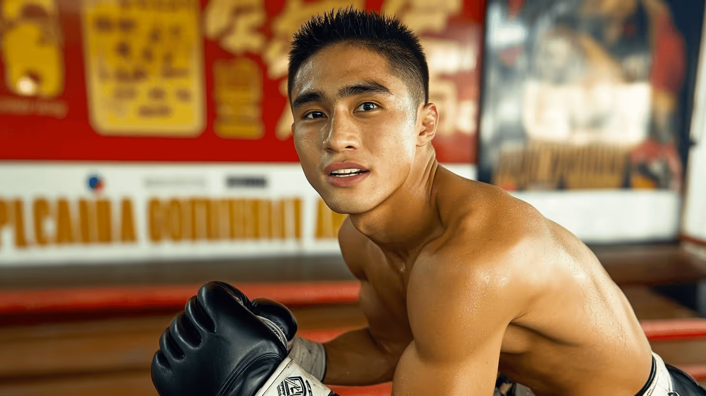 Johan Ghazali in a dynamic side view, shirtless with defined muscles and black MMA gloves in a vibrant gym setting.