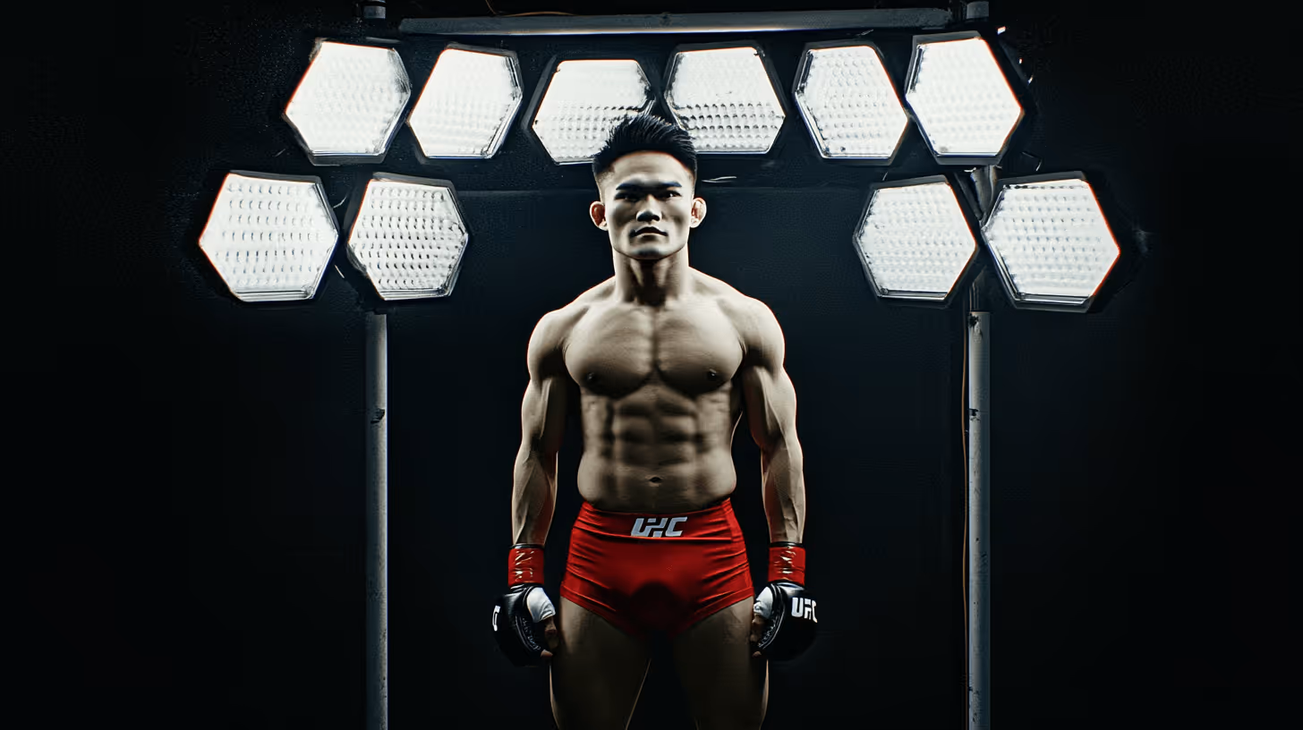 MMA fighter in red shorts and black gloves, strong and focused, stands confidently under bright hexagonal lights against a dark background.