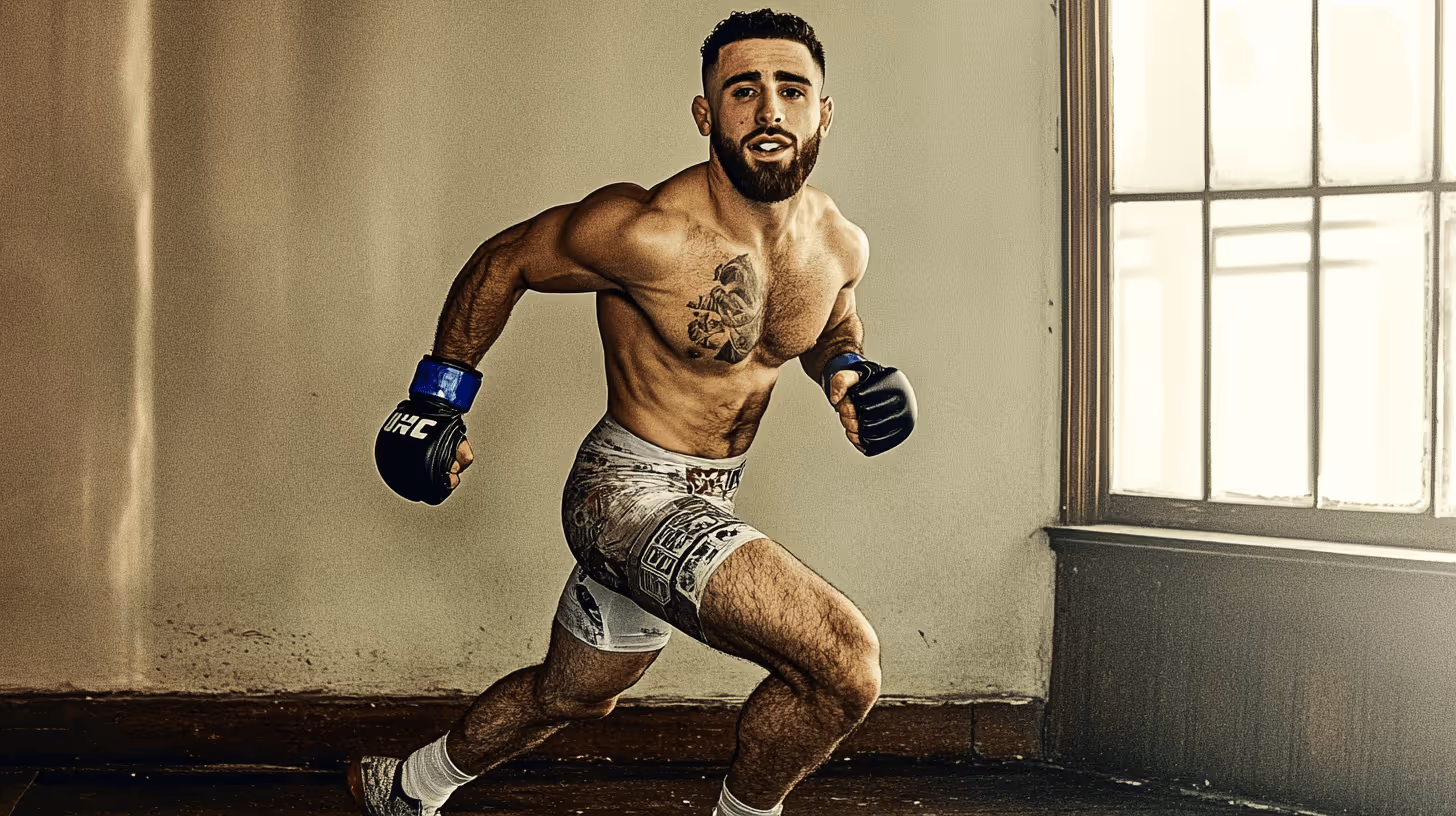 MMA fighter in dynamic running pose, shirtless with chest tattoo, wearing black gloves and printed shorts in a gym interior.