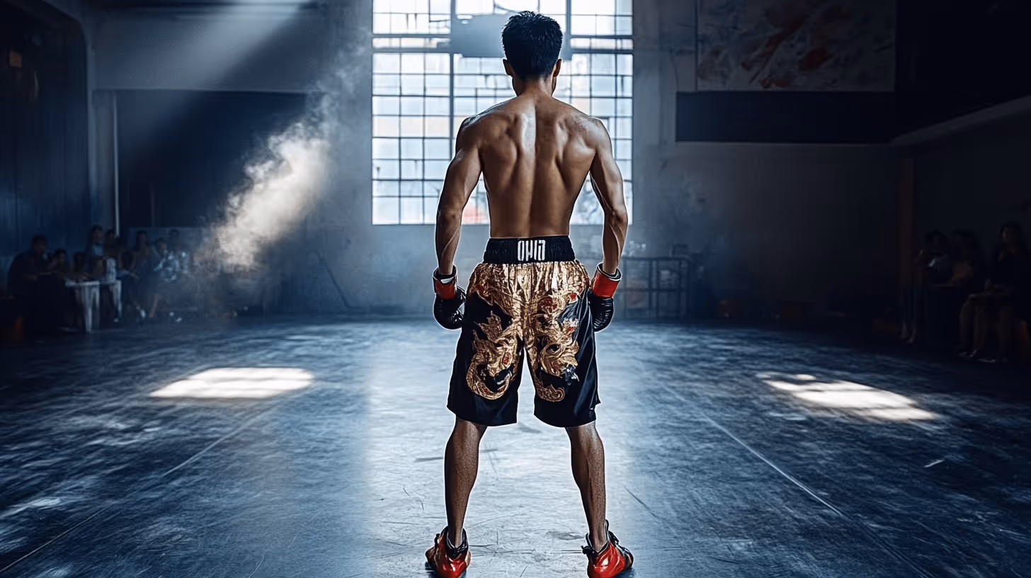 MMA fighter from the back, shirtless and muscular in black shorts with golden dragon details and red boxing gloves in a dim gym.