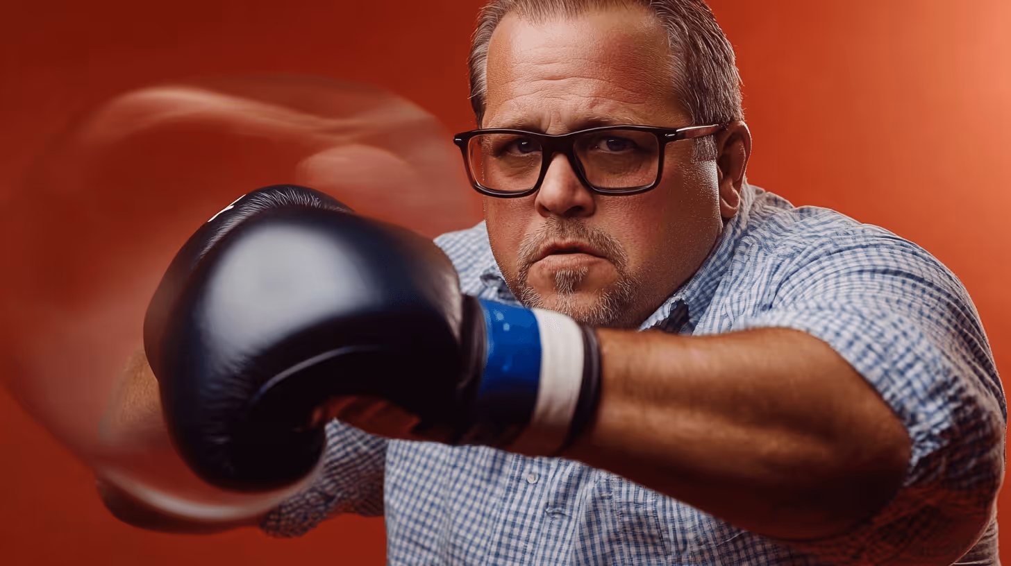 MMA fighter Mike Mazzulli throwing a punch in boxing stance, in blue-white checkered shirt with black glove on red backdrop.