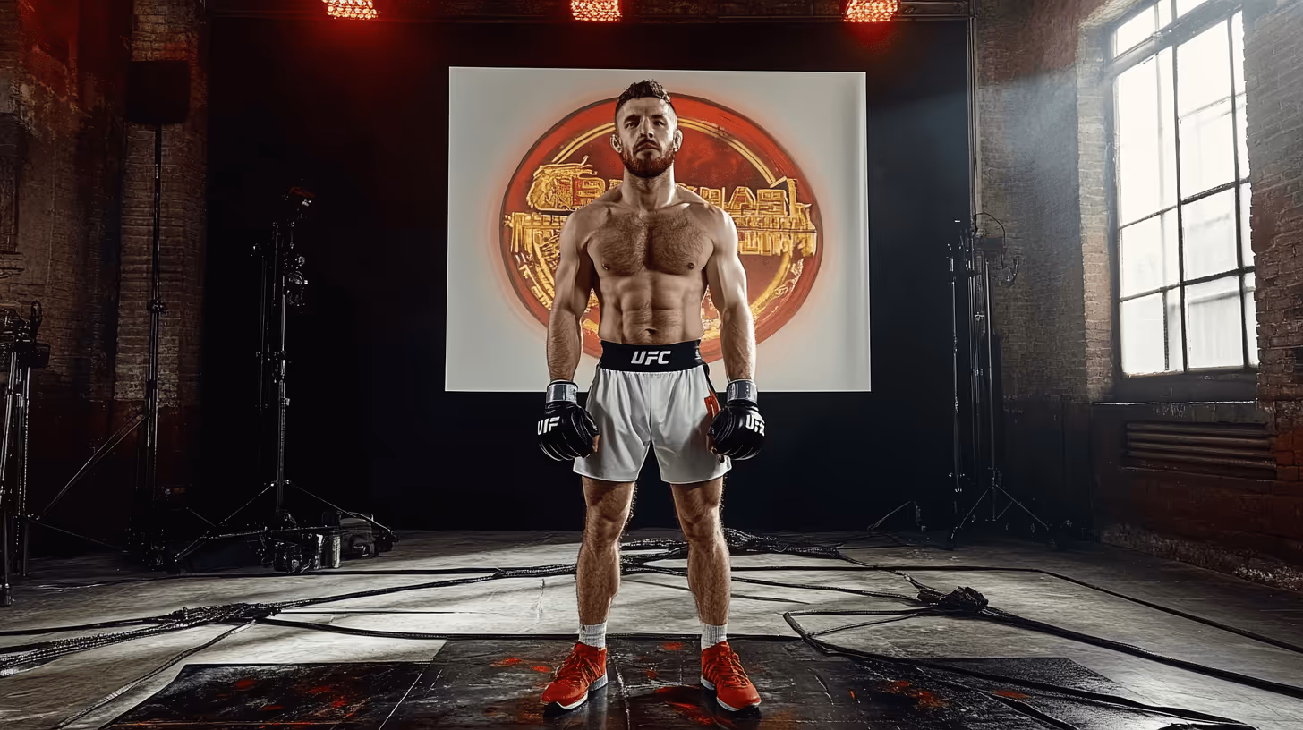 Merab Dvalishvili exudes focus and strength in white MMA shorts with gloved fists against an industrial UFC emblem backdrop.