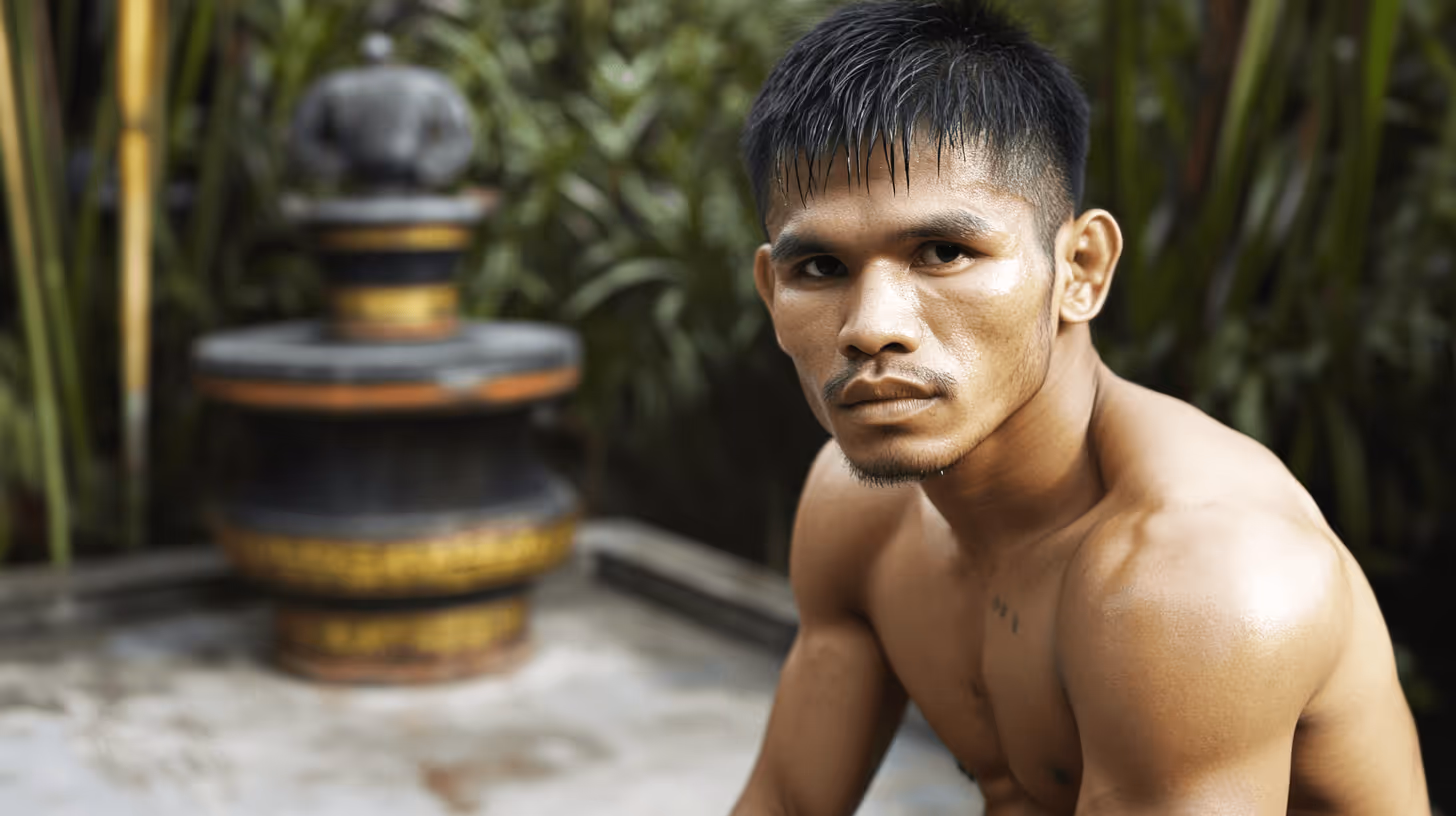 Nakrob Fairtex, shirtless MMA fighter with intense focus, seated amid greenery and a decorative stone water fountain in warm light.