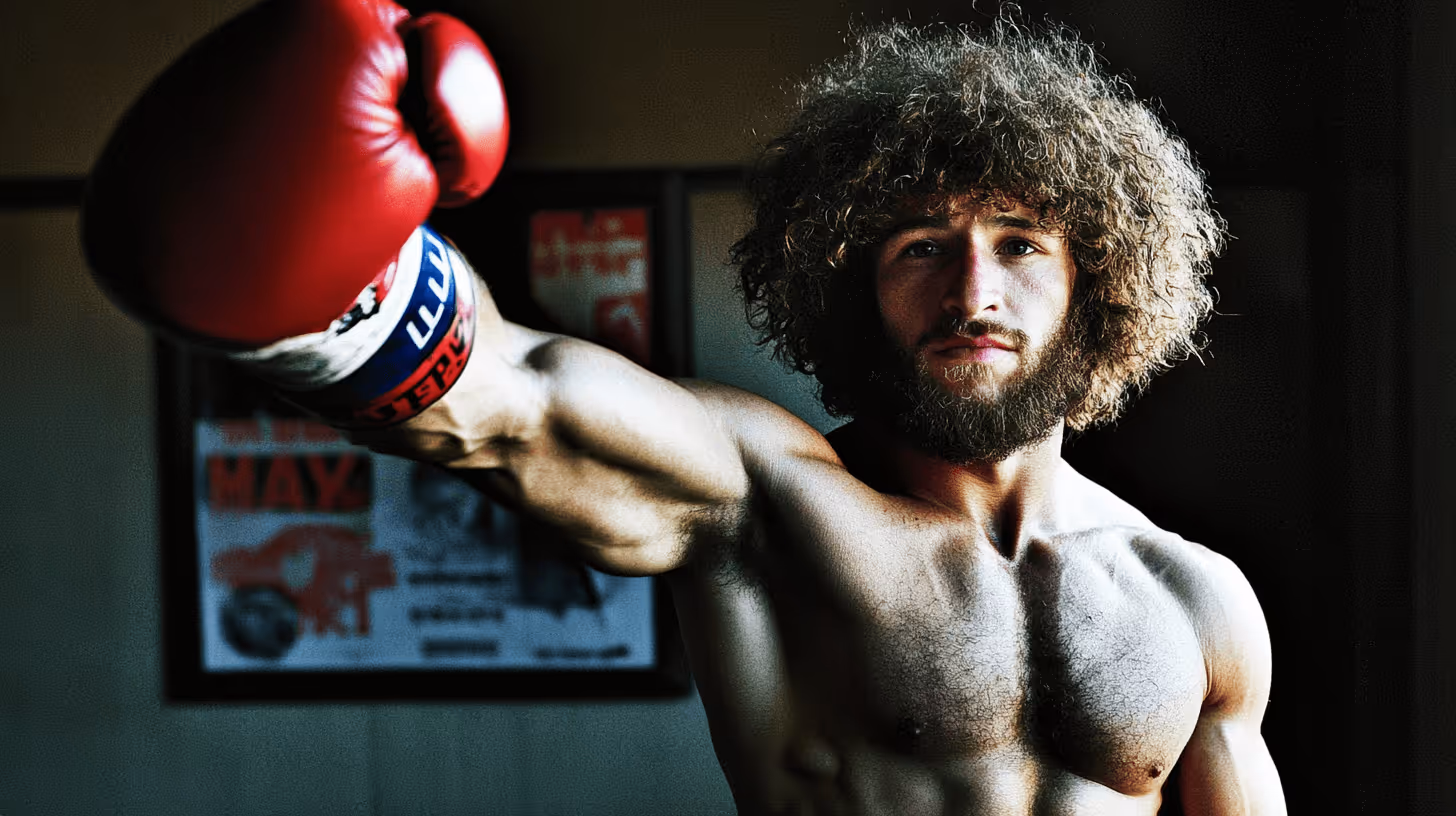 Male MMA fighter in dynamic pose with red boxing glove, muscular torso, and intense focus in a blurred training facility.