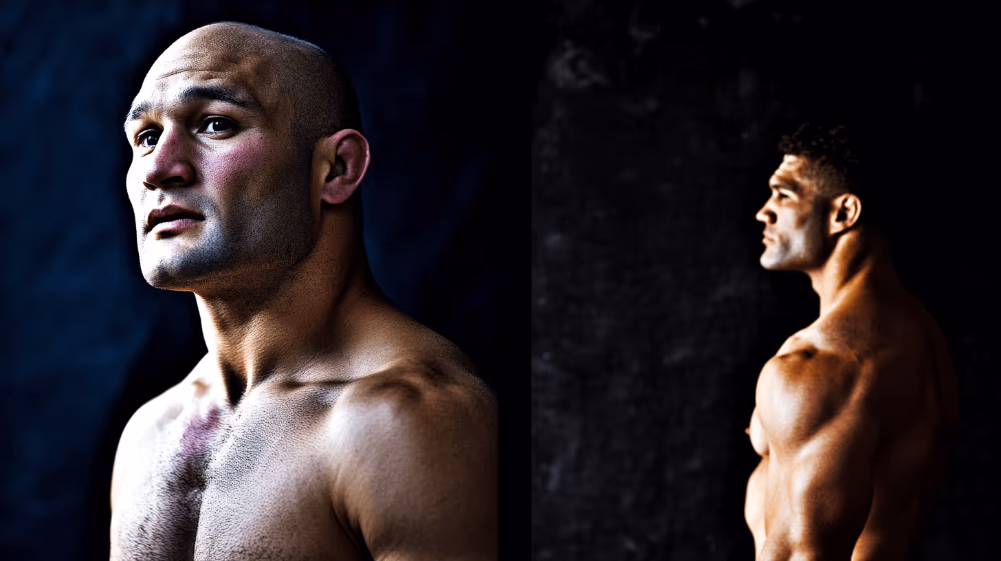 MMA fighter BJ Penn in side profile, shirtless with a bruised chest and intense gaze, facing a confident muscular opponent against a dark backdrop.