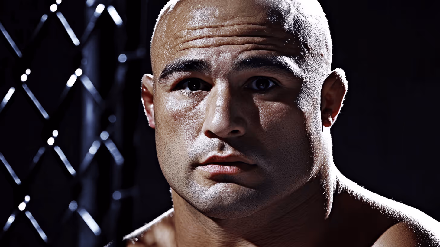 Close-up of MMA fighter B.J. Penn with a bald head, intense gaze and muscular build in a dim, cage-lit setting.