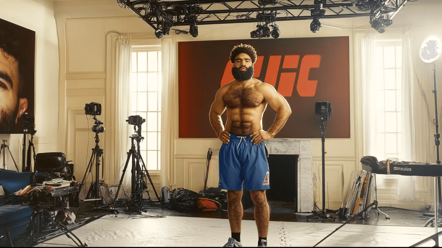 Confident MMA fighter with a tanned, muscular build and beard, wearing blue shorts, posing indoors by a red backdrop.