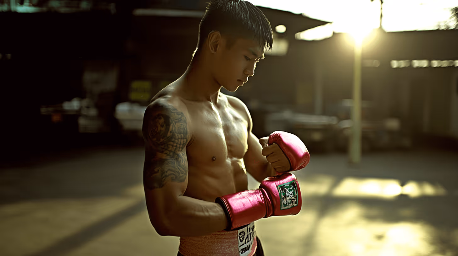 Focused MMA fighter with tattooed arm, shirtless and wearing bright pink boxing gloves in a warm, blurred gym setting.
