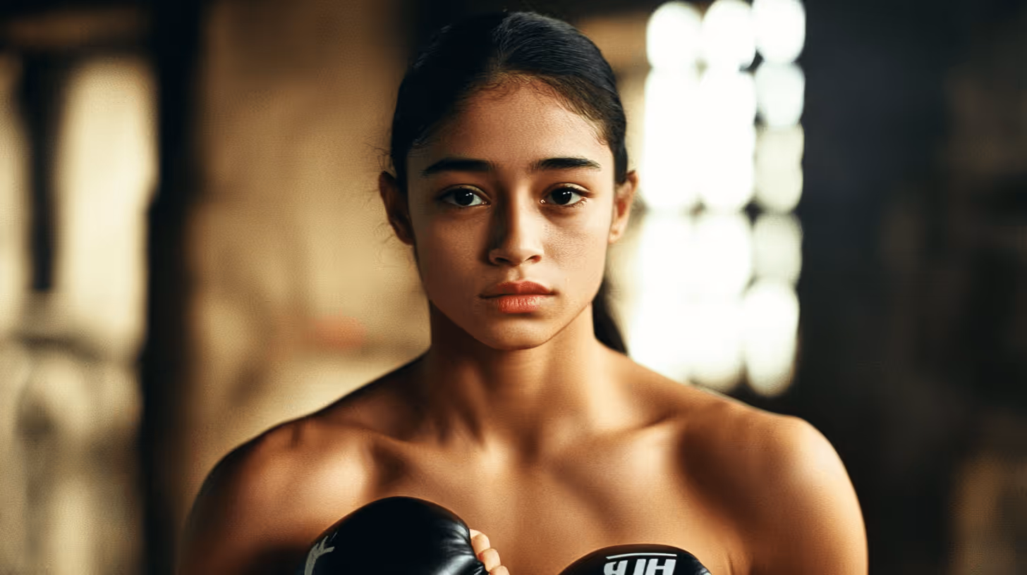 MMA fighter Allycia Hellen Rodrigues in a poised stance with boxing gloves and a focused, intense expression against a blurred training backdrop.