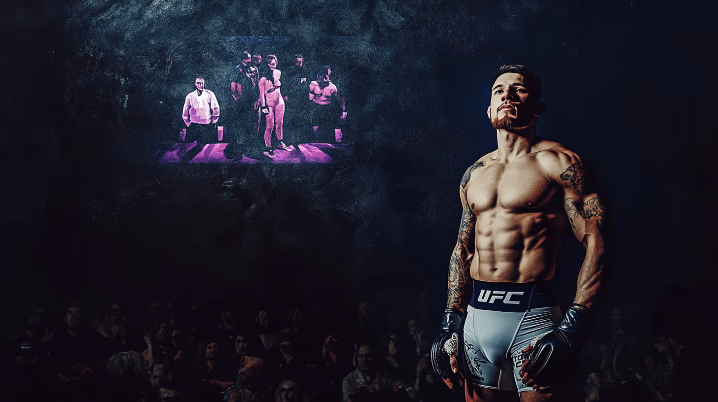 MMA fighter Andreas Gustafsson stands determined in tight shorts and black gloves amid a dim, dramatic fight night arena.