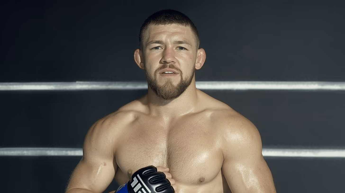 MMA fighter Dustin Jacoby in a confident stance with black gloves, defined muscles, and a dark cage background.