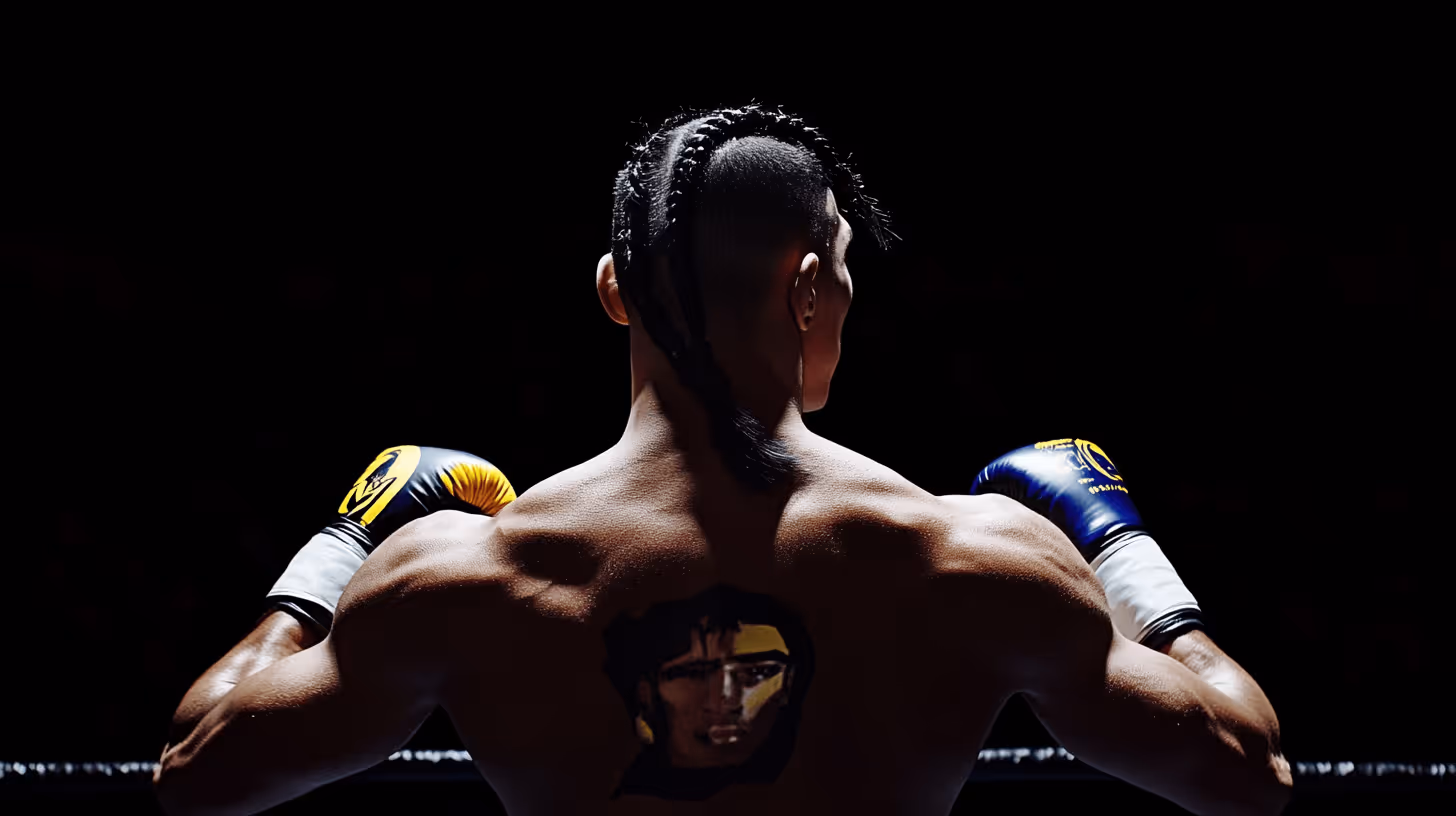 MMA fighter Johan Estupinan seen from behind in a dynamic pose with vivid gloves, braided hair, and a striking back tattoo.