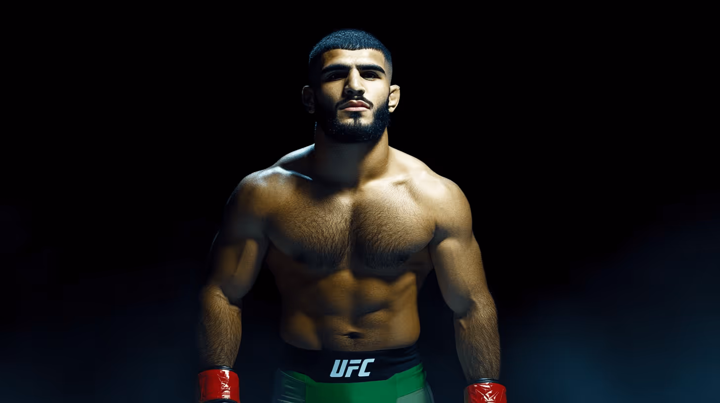 MMA fighter Ramiz Brahimaj, shirtless and muscular, strikes a dominant pose in UFC shorts and red gloves on dark background.