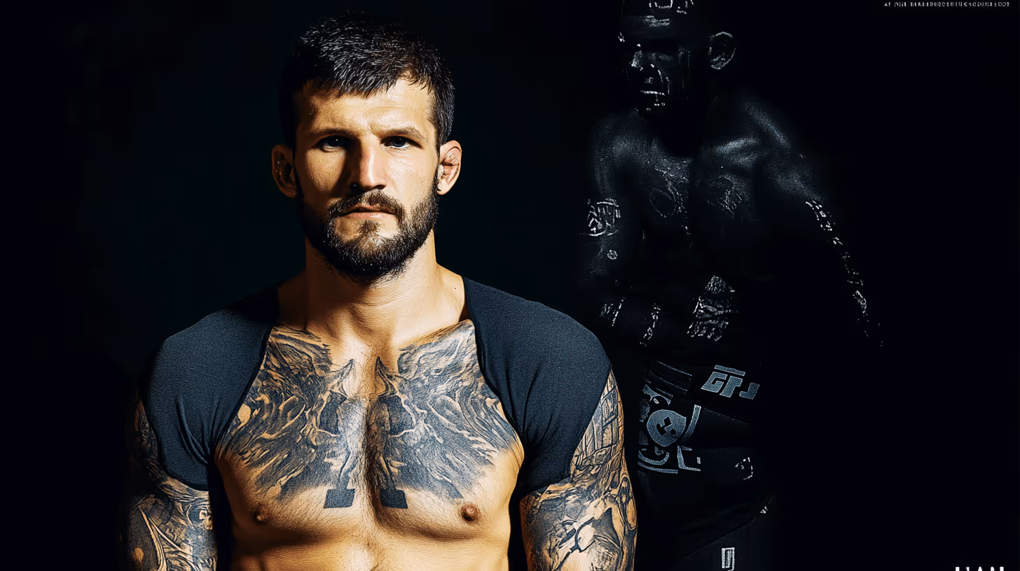 MMA fighter in a sleeveless top with striking tattoos and an intense, confident pose against a dark, shadowed background.