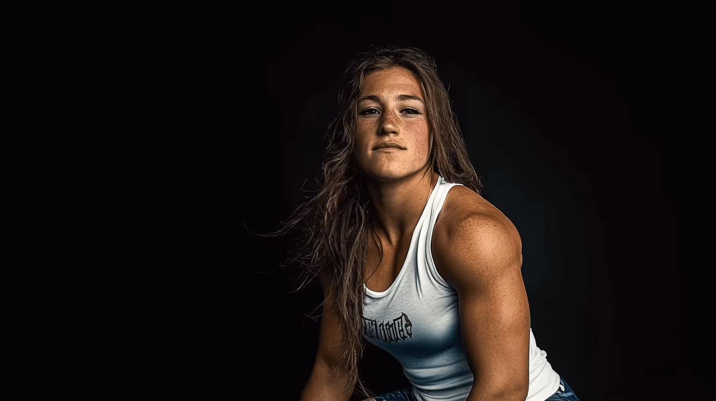 Maycee Barber in a dynamic pose, wearing a fitted white tank top and patterned shorts with a focused, powerful expression.