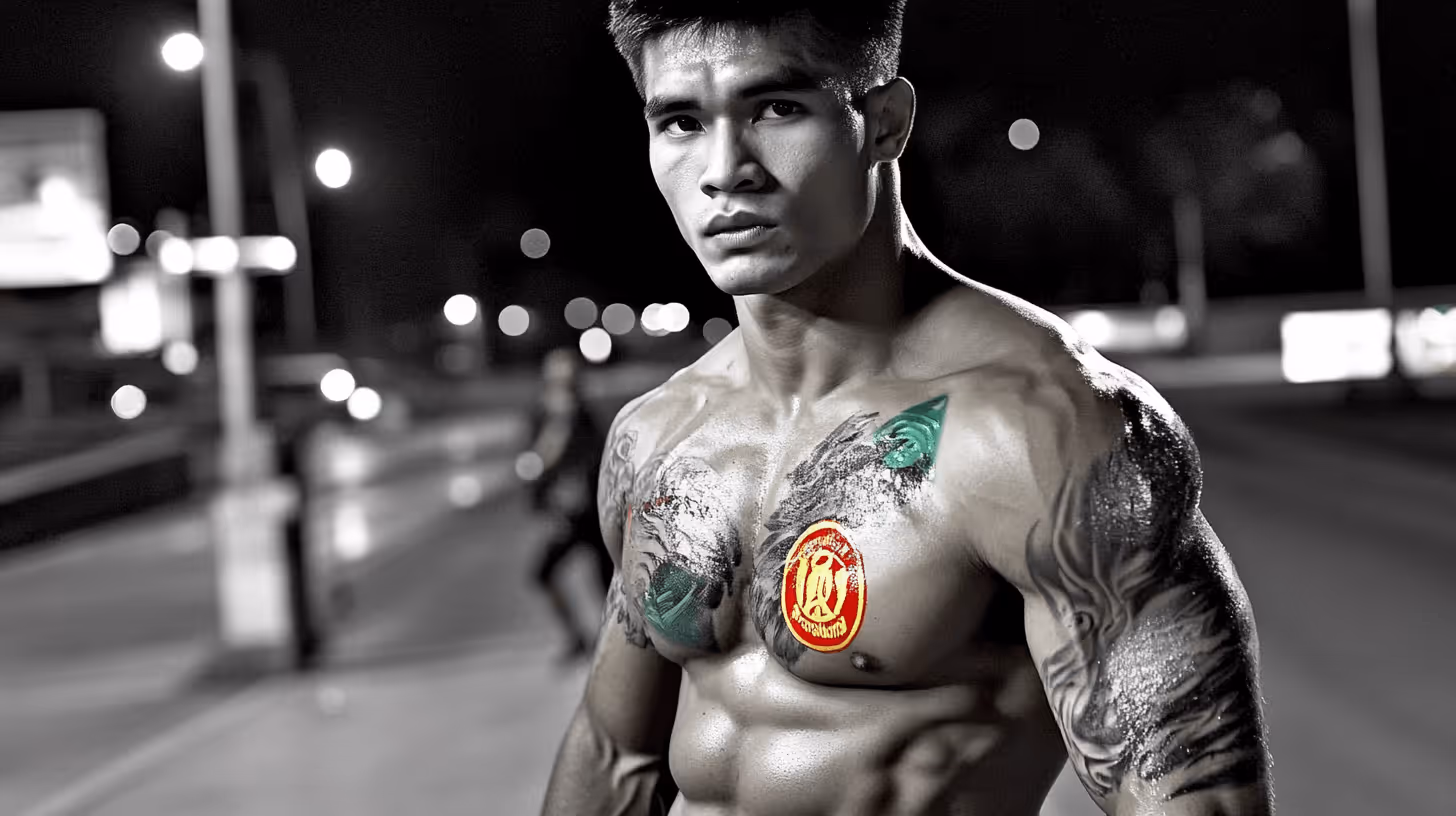 Worapon Lukjaoporongtom MMA fighter poses shirtless with tattooed chest and intense focus against an urban nighttime backdrop.