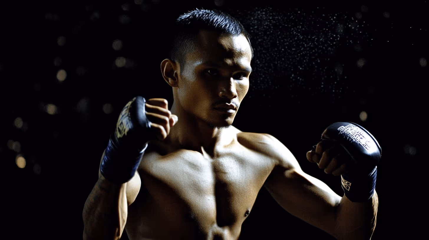 MMA fighter in defensive pose, shirtless with a muscular build and black padded gloves, intense focus amid dark mist.