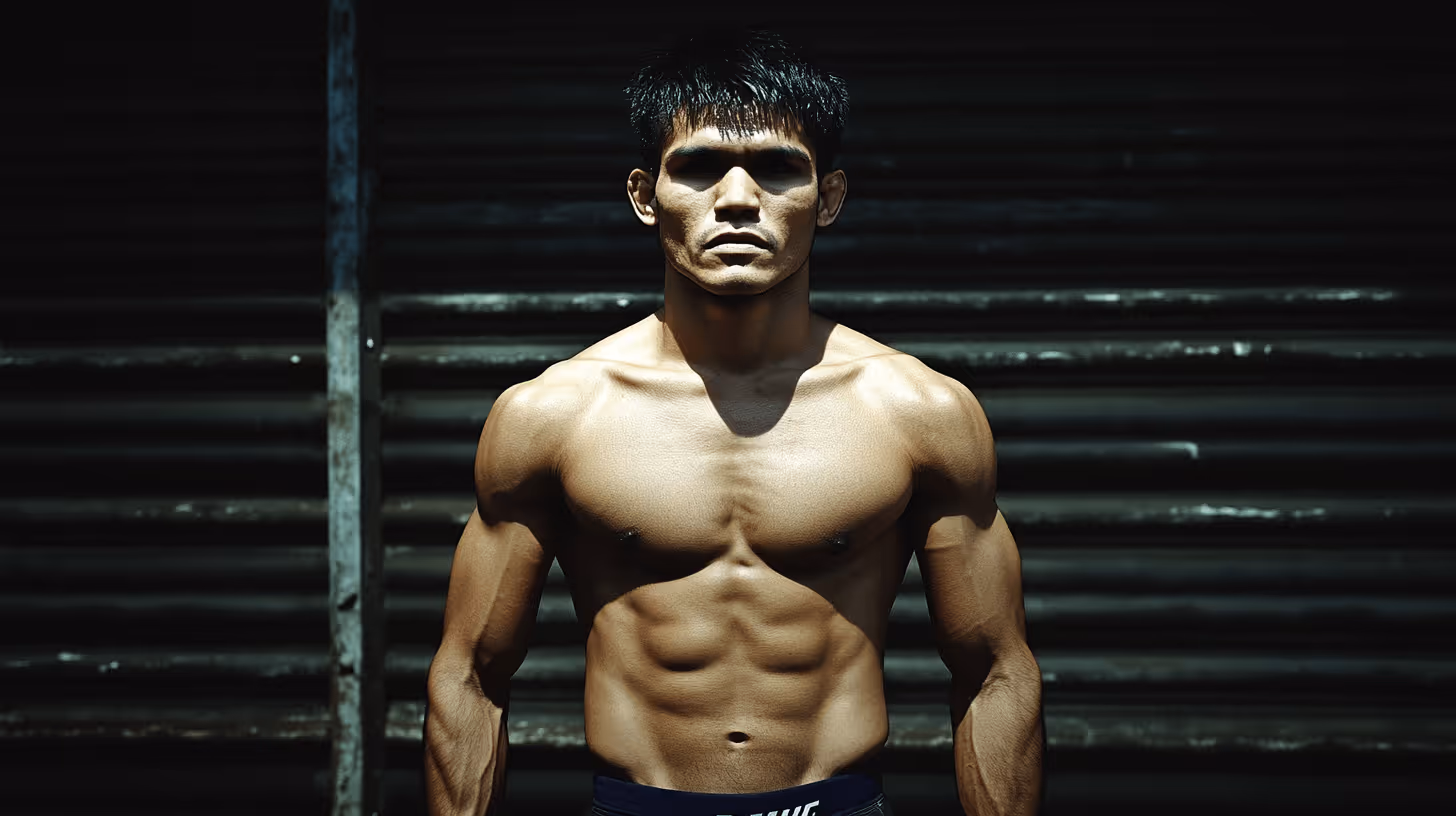 MMA fighter Nakrob Fairtex stands confidently with defined abs, dark shorts, and intense focus under dramatic lighting.