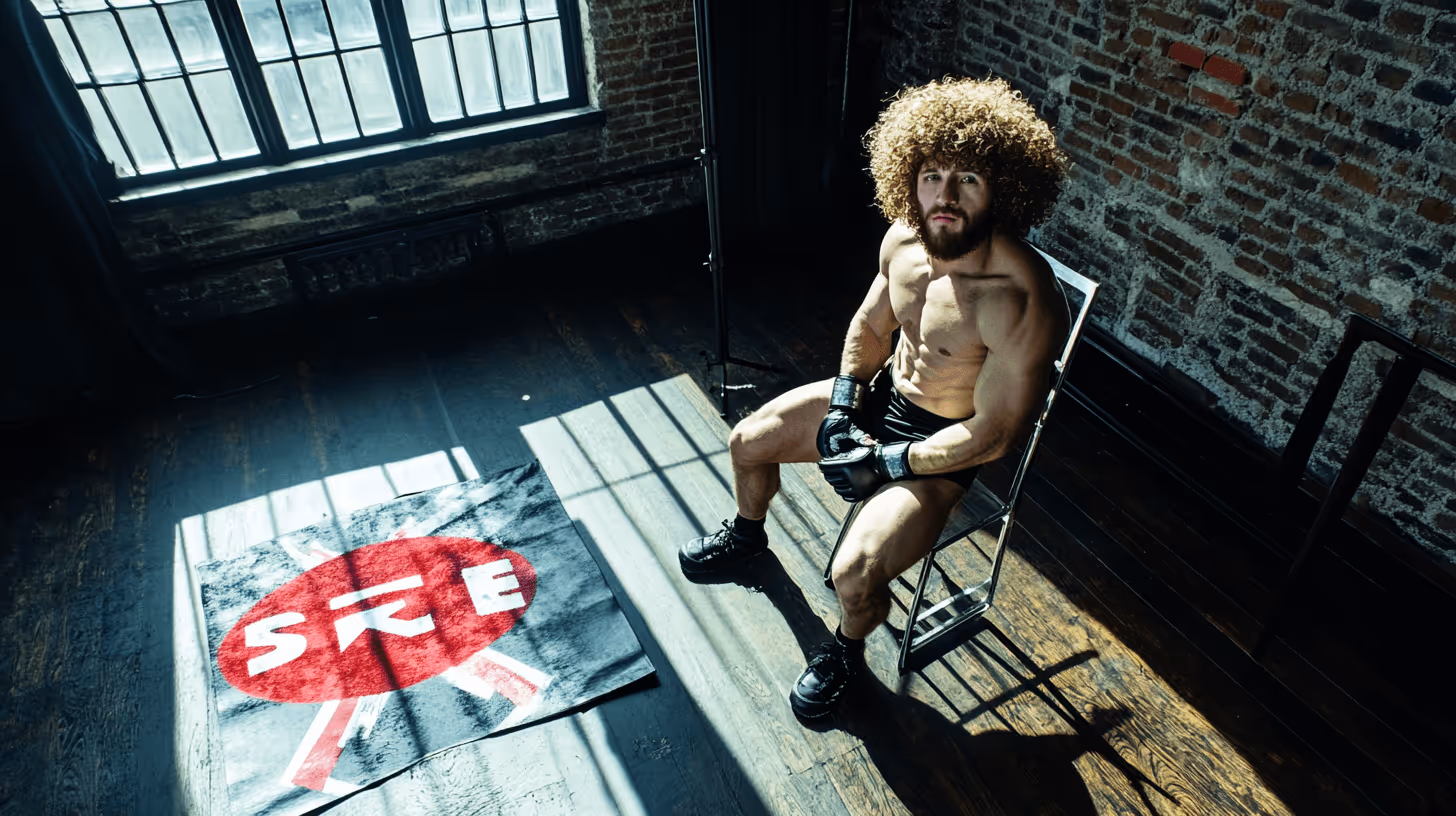 MMA fighter Merab Dvalishvili sits relaxed on a chair, shirtless in black shorts and gloves, in a sunlit brick industrial space.