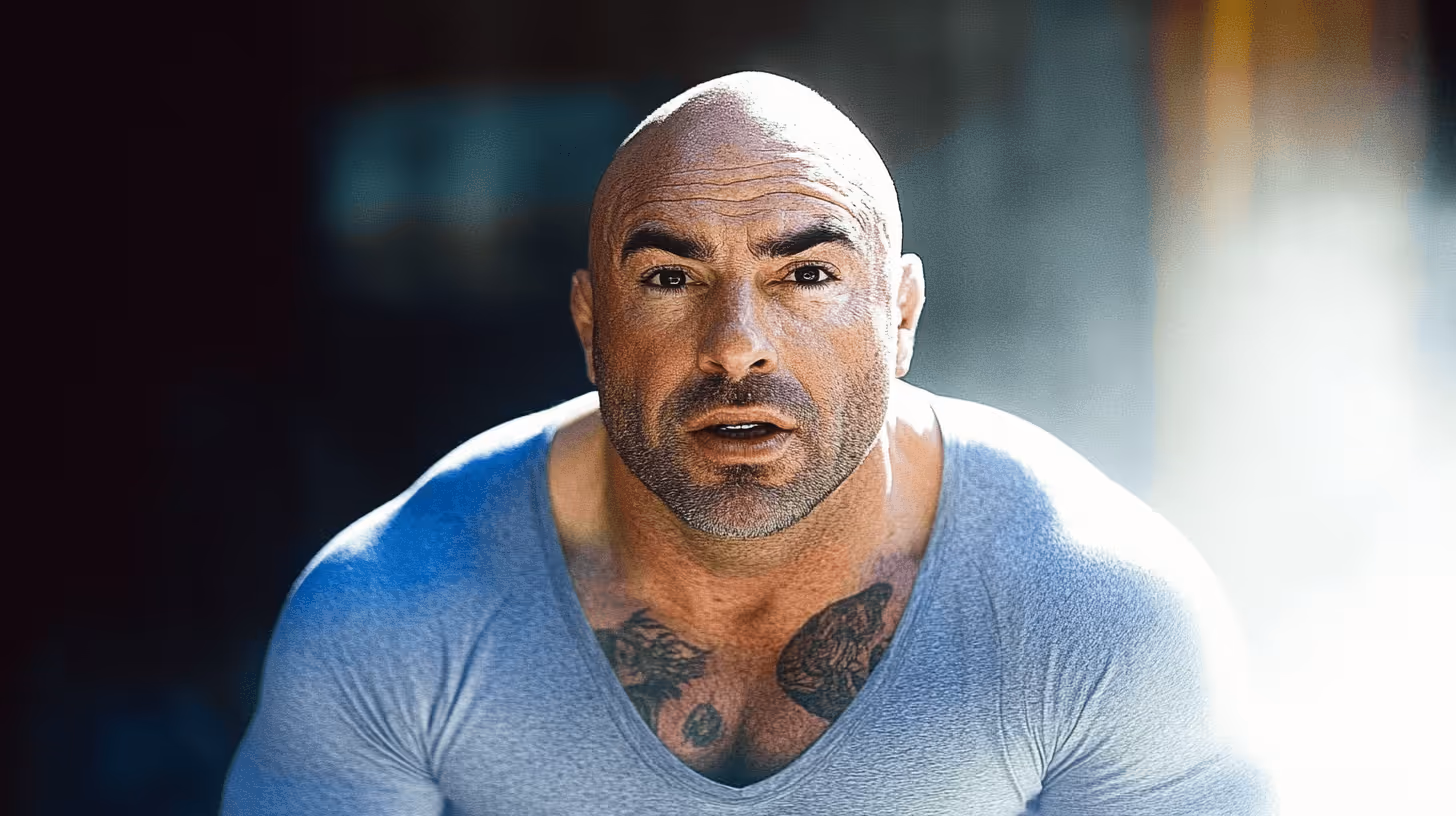 Joe Rogan, muscular fighter with a shaved head in a fitted gray shirt displaying intense focus and prominent chest tattoos in a gym setting.