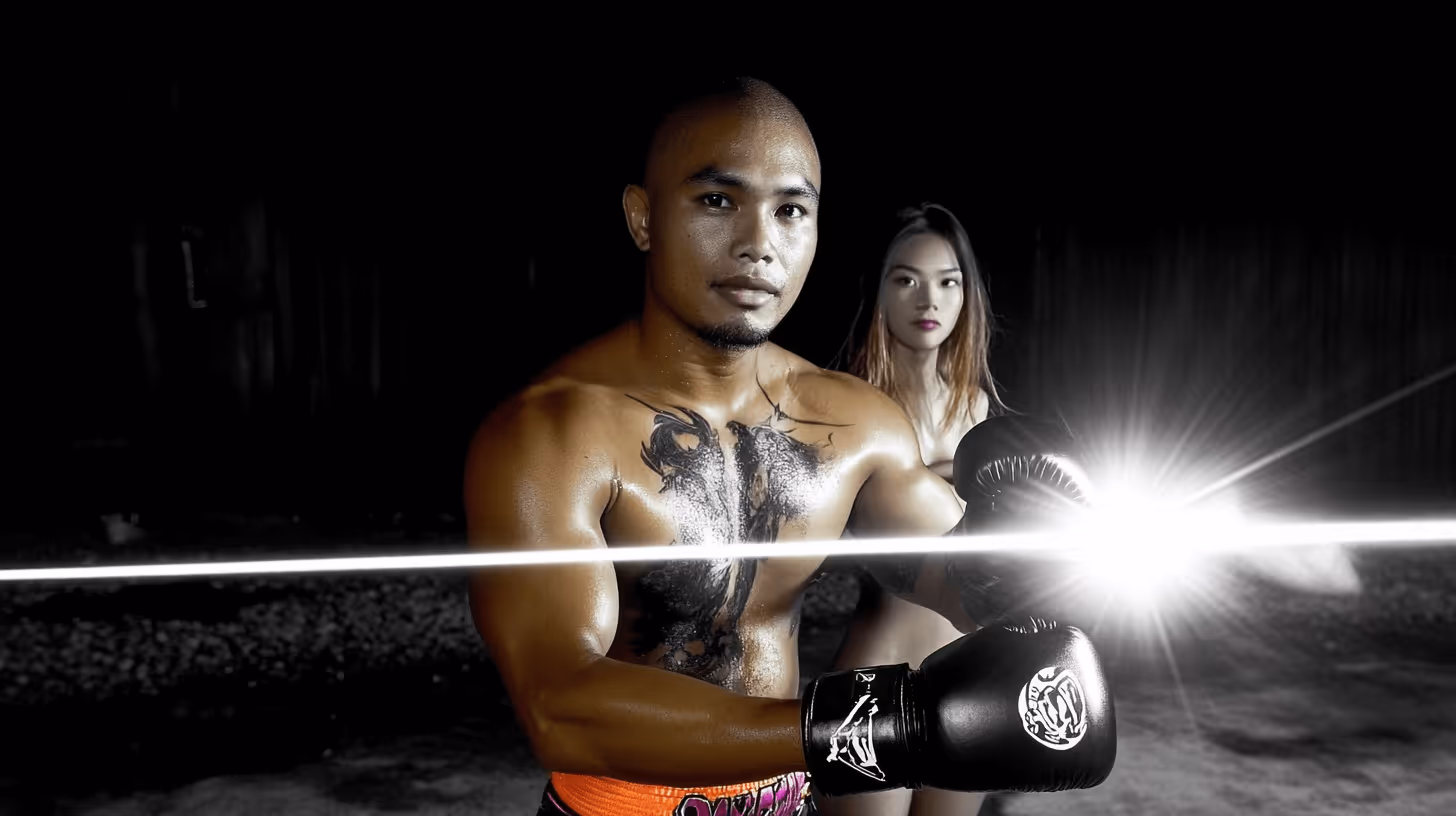 MMA fighter Worapon in a strong pose with a shaved head, tattooed chest, and black boxing gloves amid dramatic lighting.