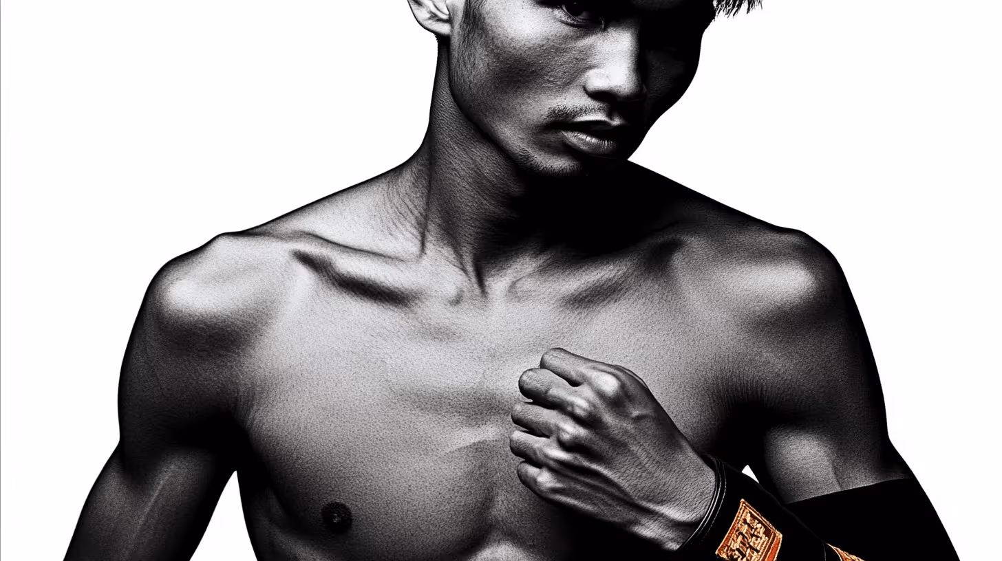 MMA fighter in poised stance with lean muscular build, bare torso, clenched fist, and branded black arm sleeve on white background.