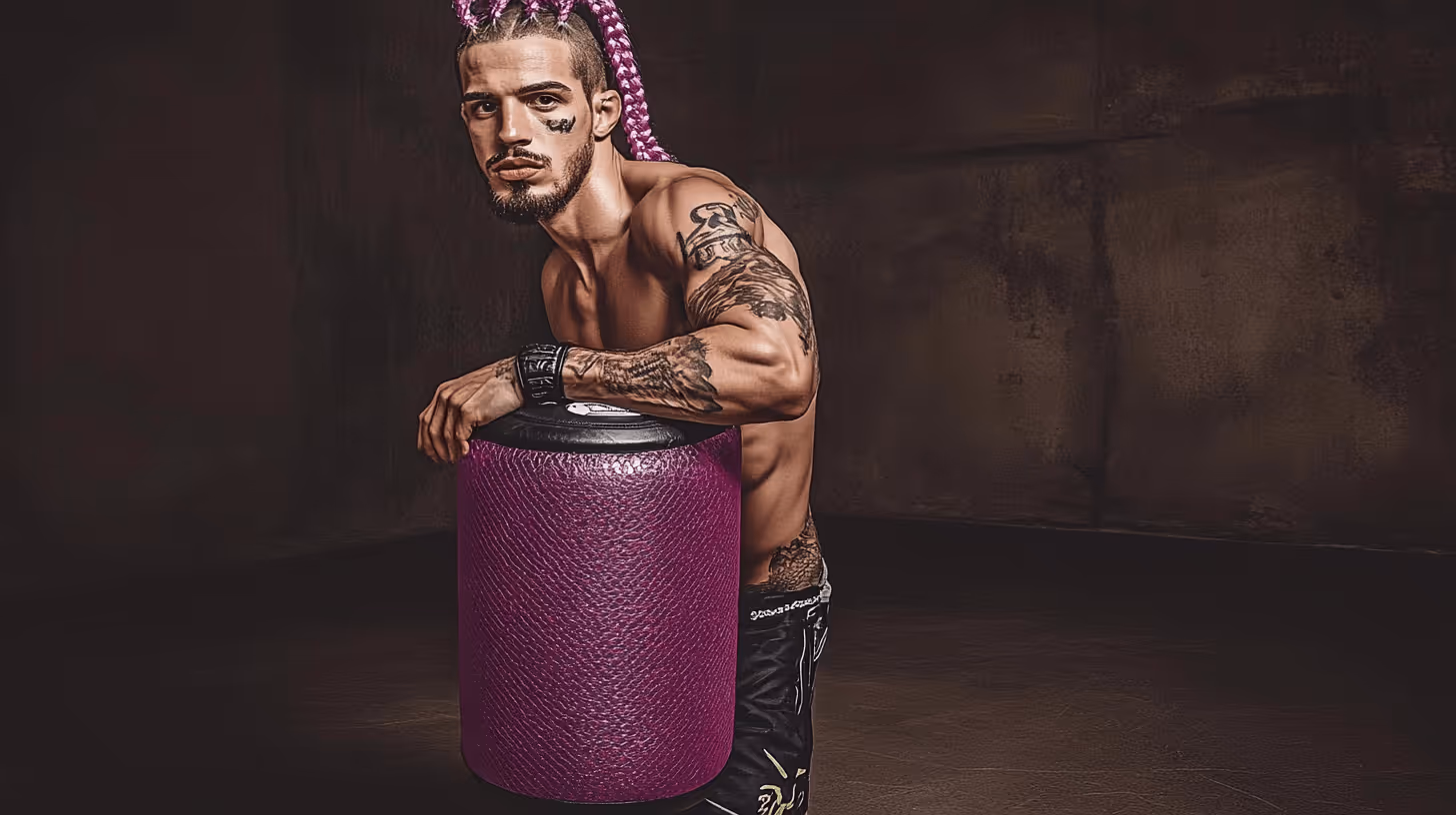 MMA fighter Sean O'Malley leaning on purple training equipment, shirtless with tattoos, long pink braids and intense focus.