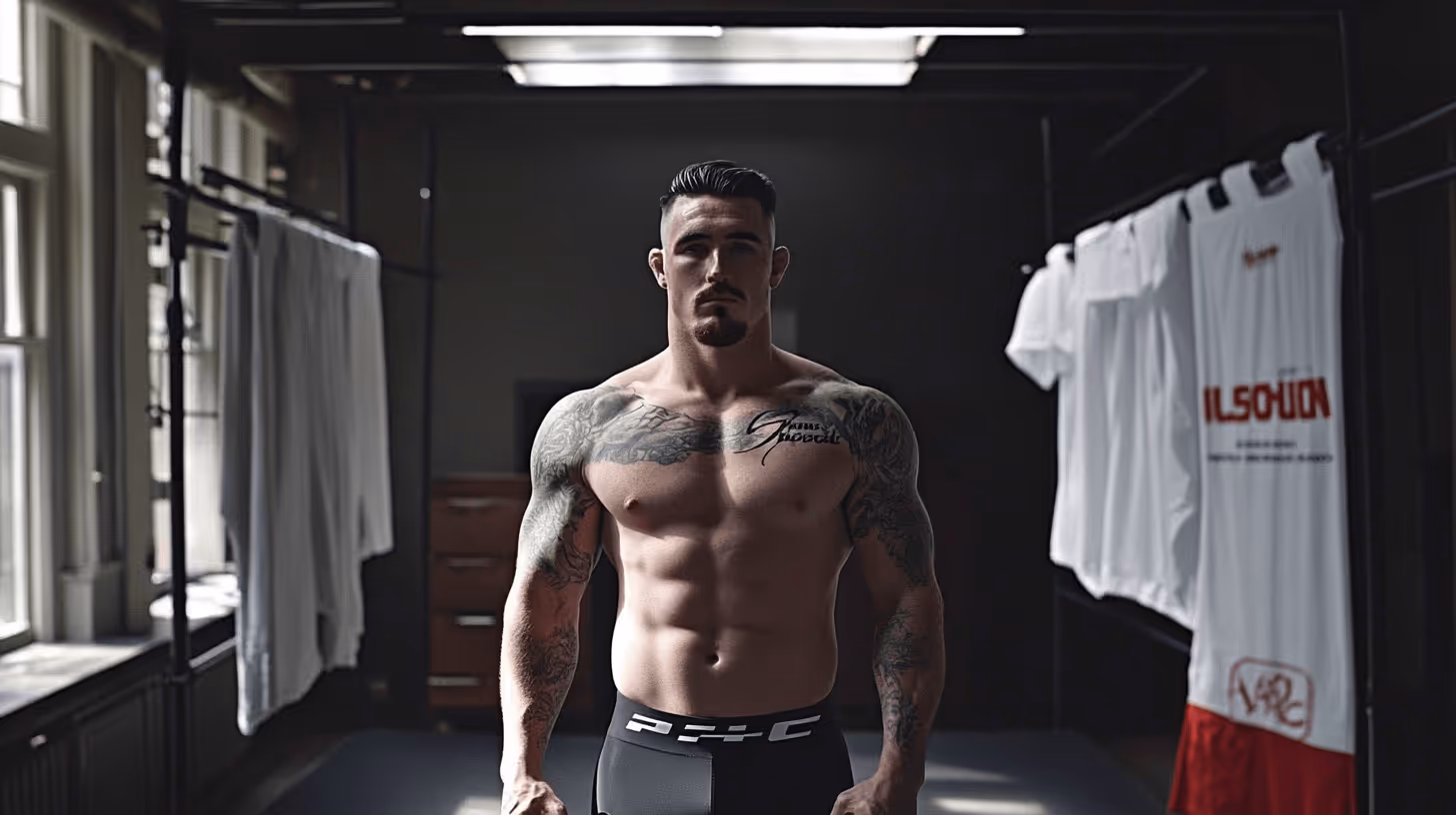 MMA fighter Tom Aspinall stands shirtless with bold tattoos and black shorts in a gym illuminated by natural light.