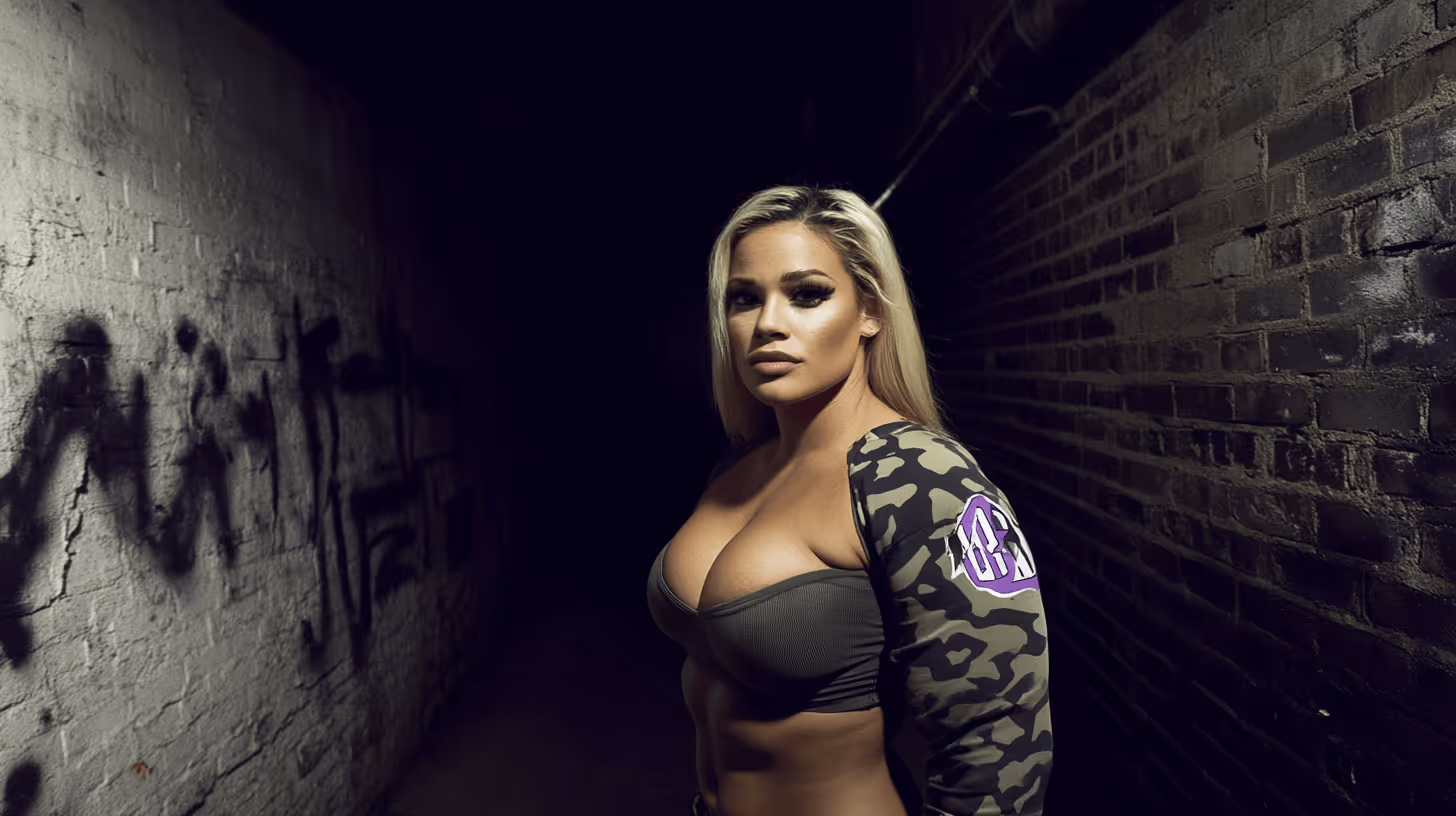 MMA fighter in dark camouflage and grey sports bra stands confidently in a dim, graffiti-adorned brick alley.