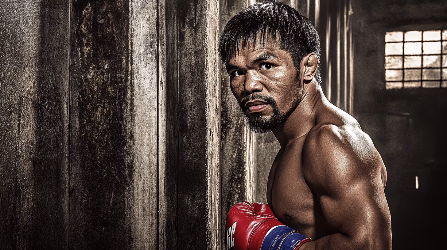 Manny Pacquiao in red gloves with a muscular, focused stance in a gritty, dimly lit gym with weathered wooden walls.
