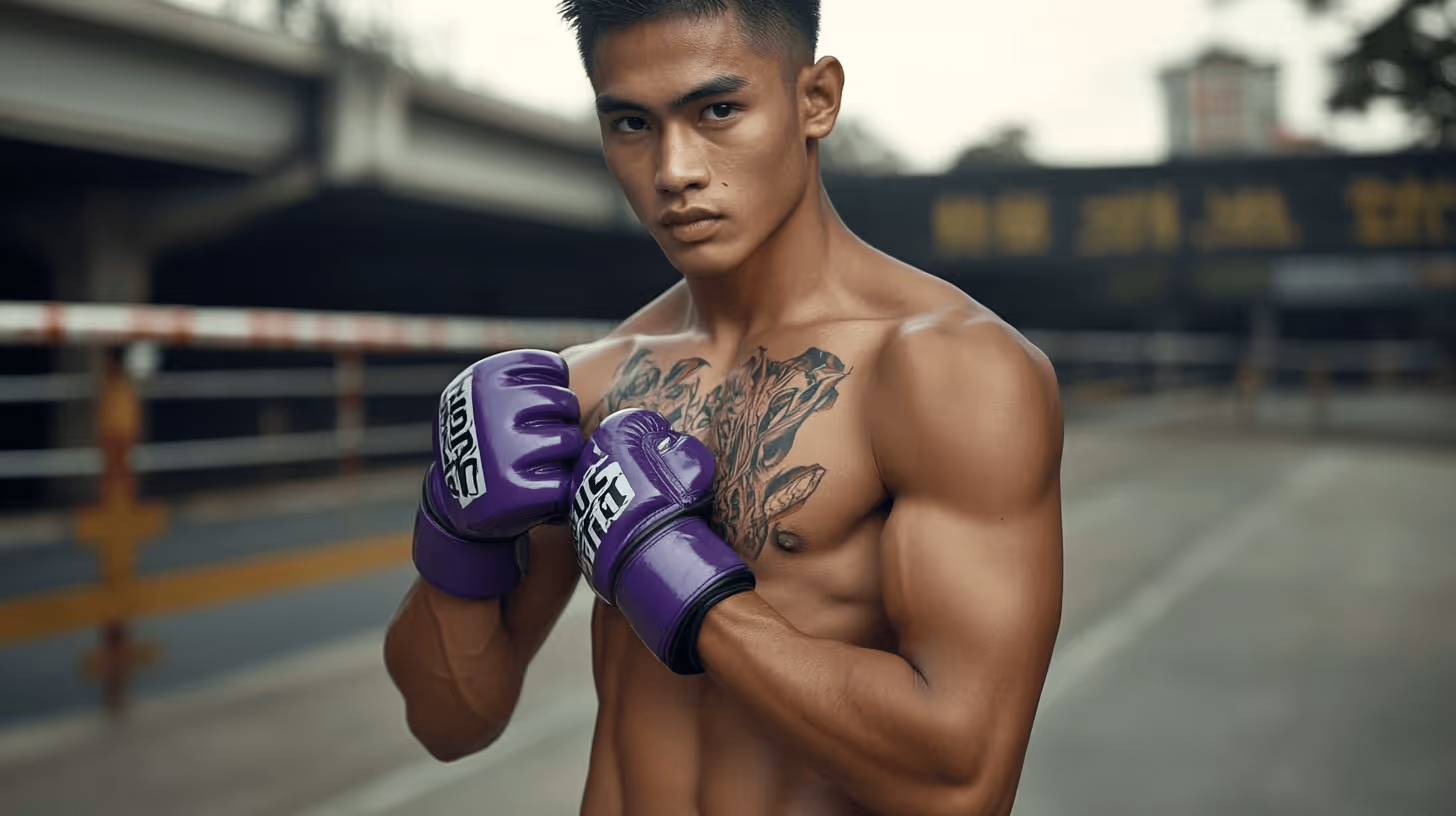 MMA fighter in dynamic shirtless pose with purple gloves, defined muscles and tattoos, intense focus in a blurred outdoor setting.