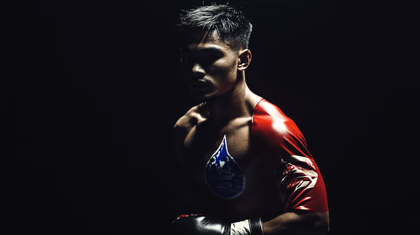 MMA fighter posed shirtless with a striking red sleeve and chest logo, intense and focused against a dark, dramatic background.