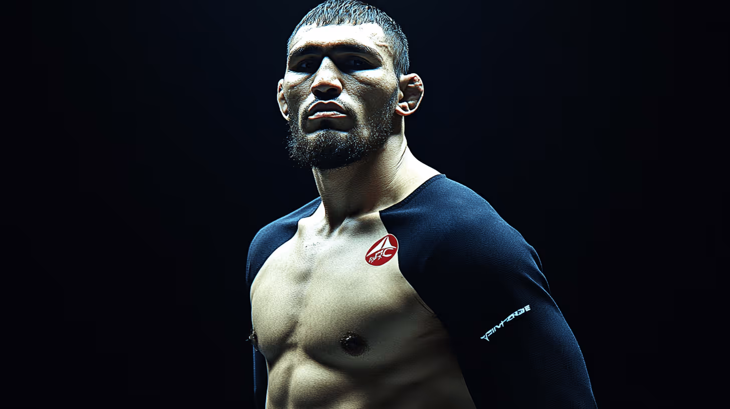 MMA fighter in black compression shirt, muscular build and determined expression against a dark, minimalist backdrop.
