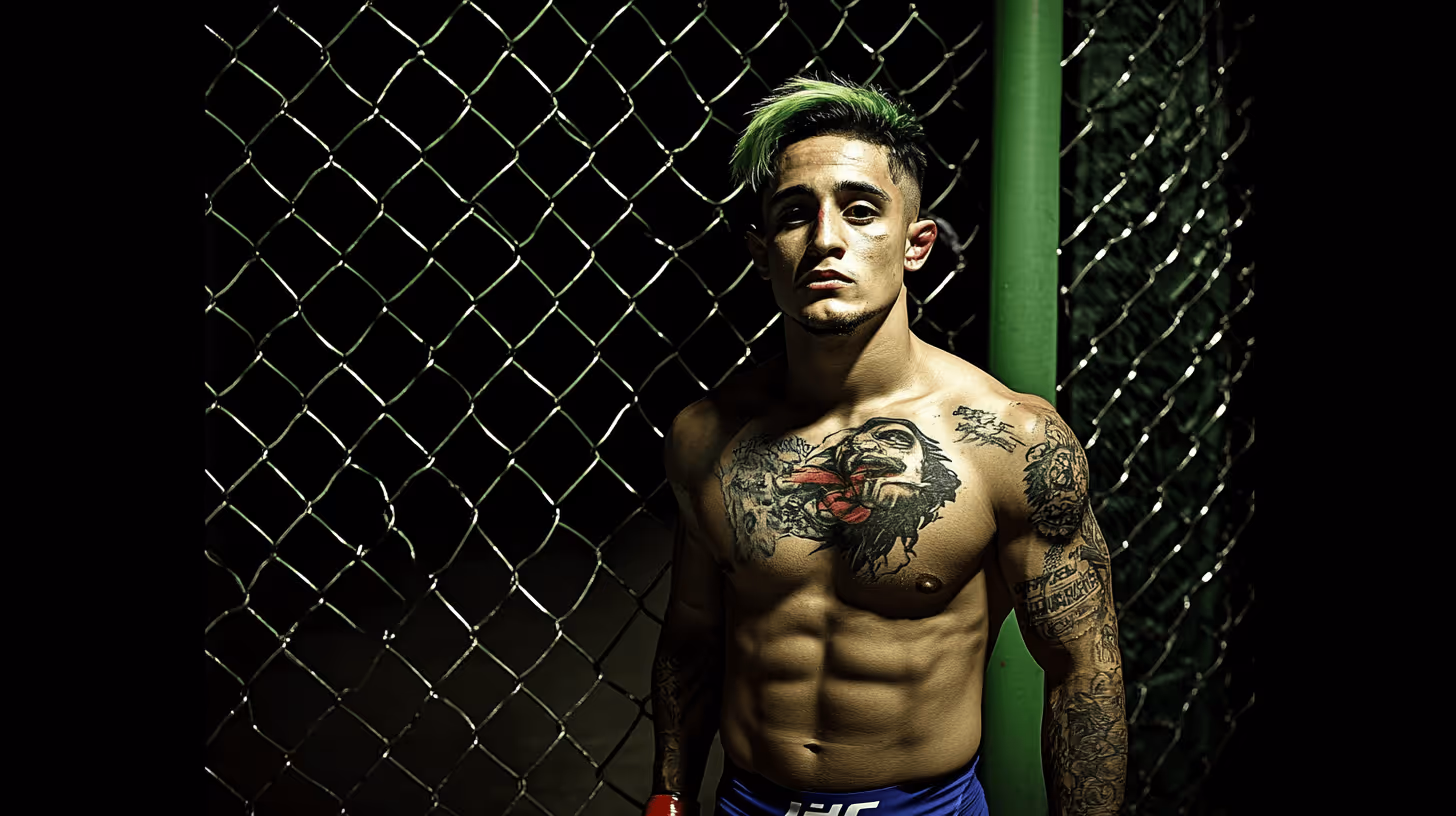 MMA fighter Kris Moutinho exudes focus, shirtless with a tattooed chest and bold green hair against a chain-link fence.