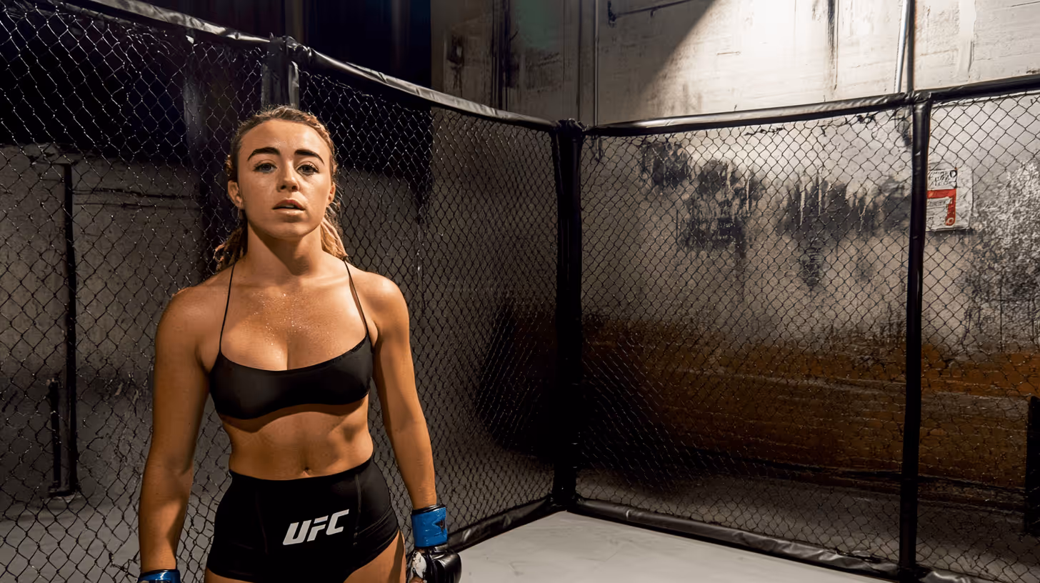 MMA fighter Maycee Barber in a cage, focused and determined, wearing a black sports bra, UFC shorts, blue gloves, and braided hair.