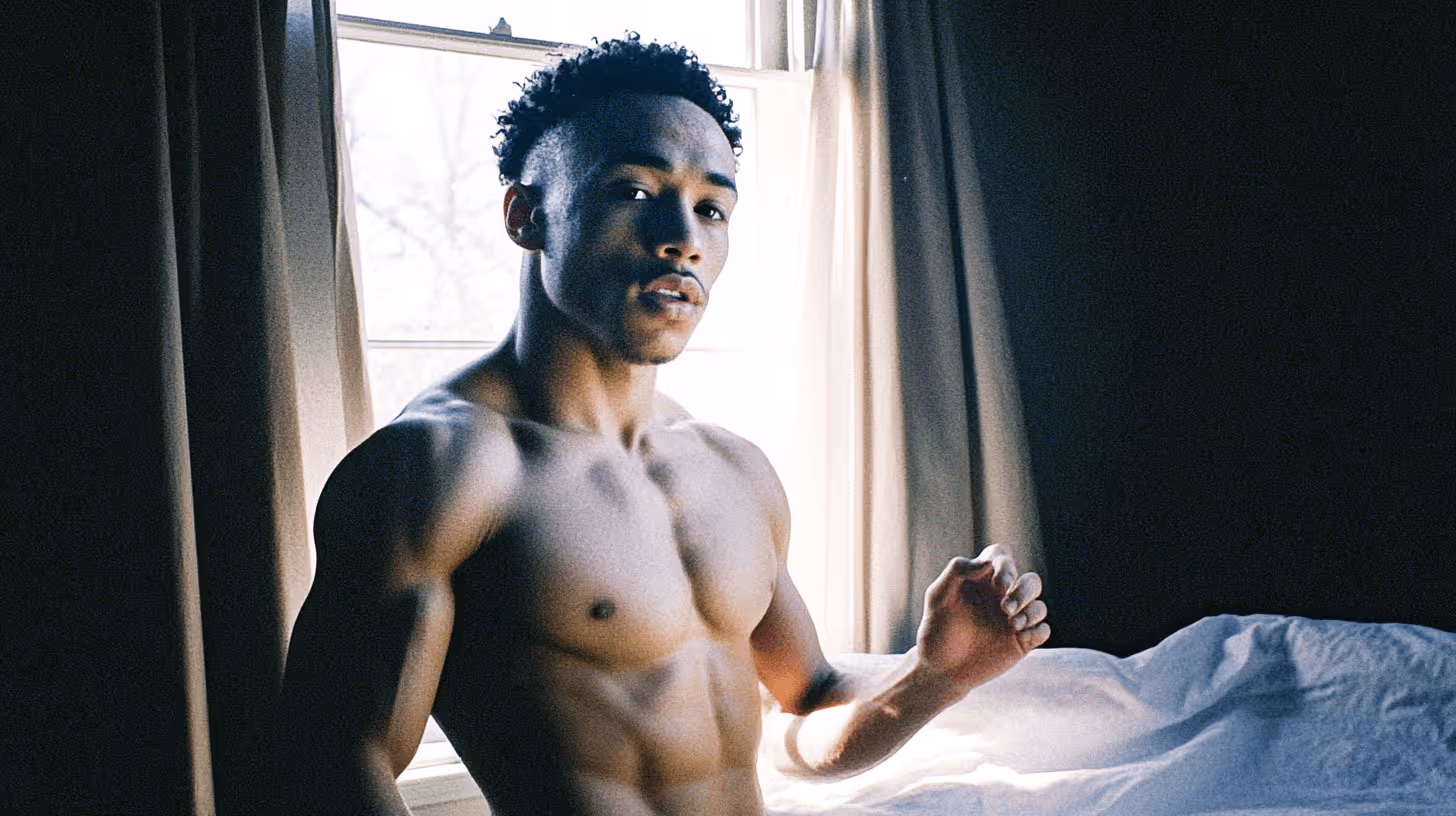 Elmehdi El Jamari in a dynamic, shirtless pose with intense focus and athletic build against contrasting natural light.