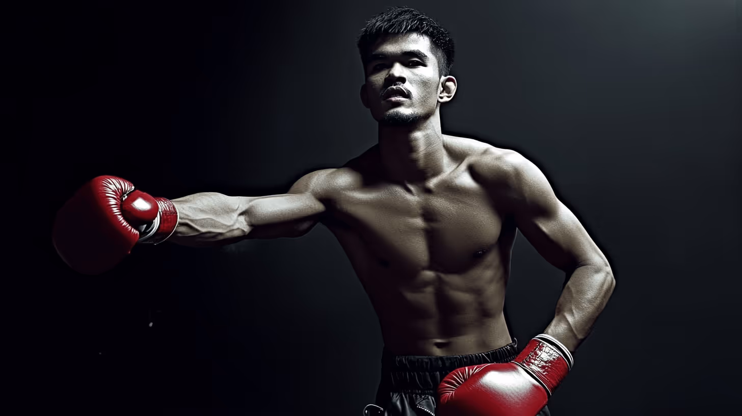 Fighter Nakrob Fairtex in dynamic pose with red gloves and a muscular torso under dramatic dark lighting.
