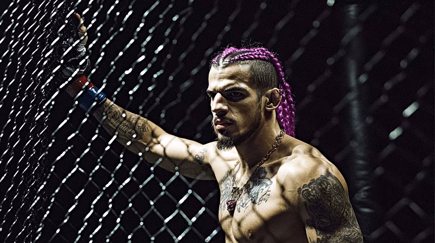 MMA fighter Sean O'Malley, shirtless with vibrant pink braids and tattoos, poses against a chain-link fence with intense focus.