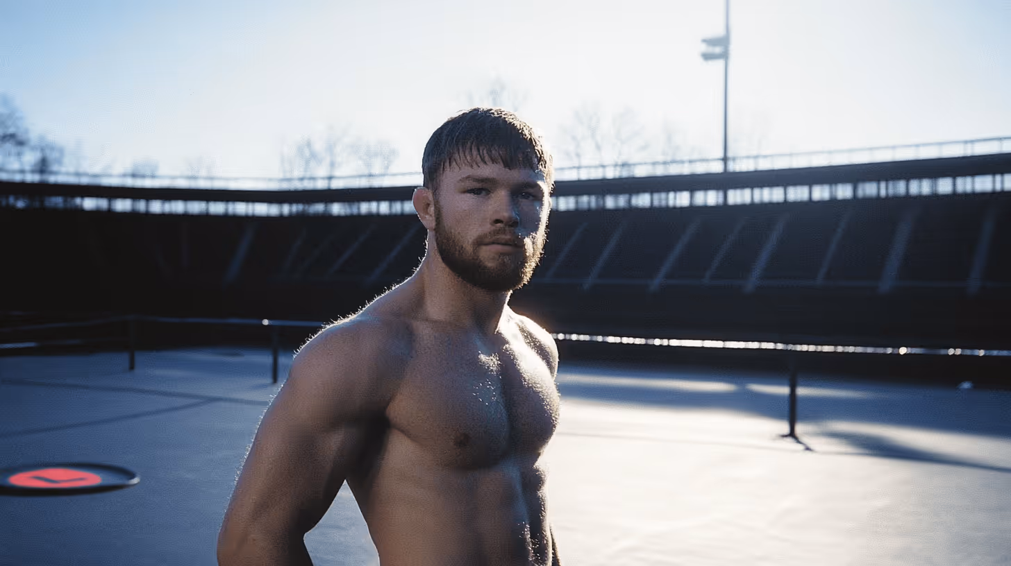 Bryce Mitchell in a bare-chested athletic pose, showcasing toned muscles and a focused expression in a sunlit training arena.