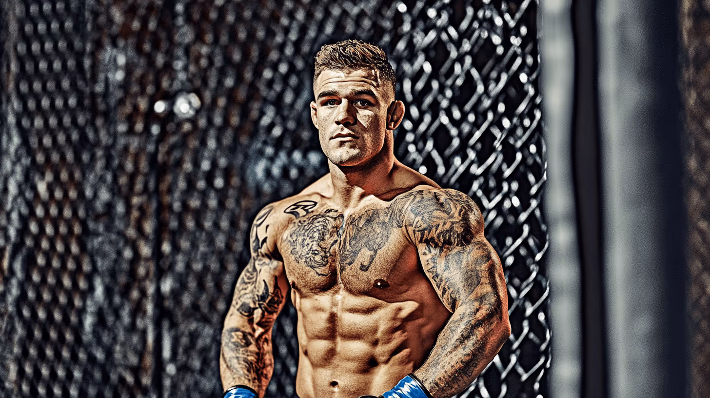 MMA fighter Dustin Poirier shows off a muscular, tattooed physique with blue hand wraps, standing confidently by a chain-link arena fence.