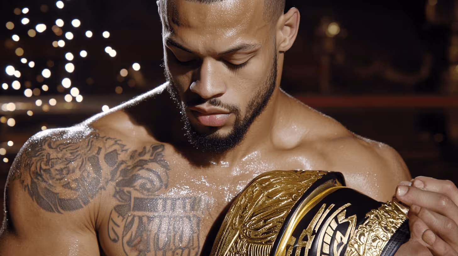 MMA fighter Regian Eersel in shorts, head bowed in introspection while holding a gold championship belt in a bokeh-lit arena.