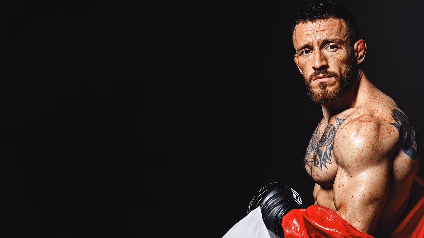 MMA fighter Merab Dvalishvili in an intense stance with black gloves, bold tattoos, and a red towel against a dramatic black background.