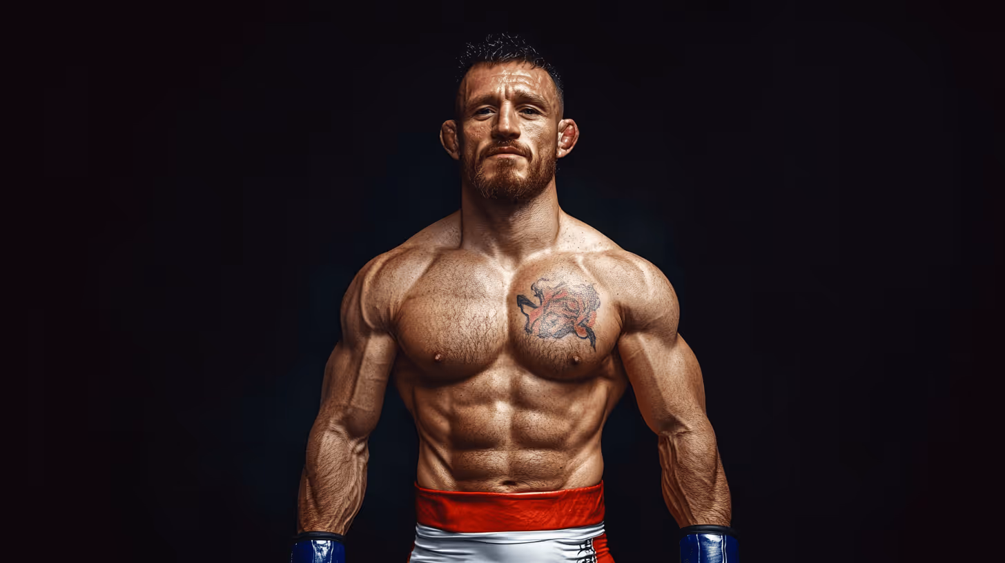 MMA fighter Merab Dvalishvili in white trunks with red and blue accents and blue gloves, striking an intense pose against a dark backdrop.