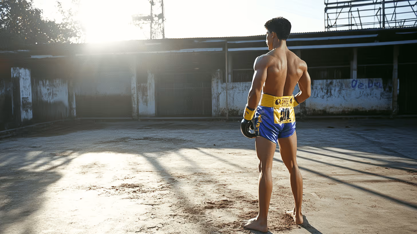 MMA fighter showing muscular back in bright blue shorts with yellow waistband, outdoors at an industrial training facility.