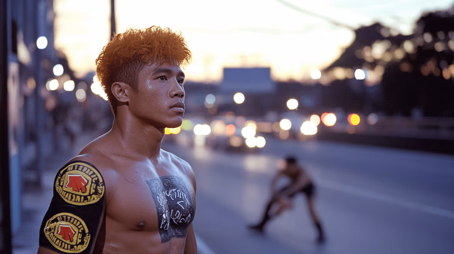 Intense MMA fighter with bright orange hair, chest tattoo and black arm band in a determined urban dusk setting.