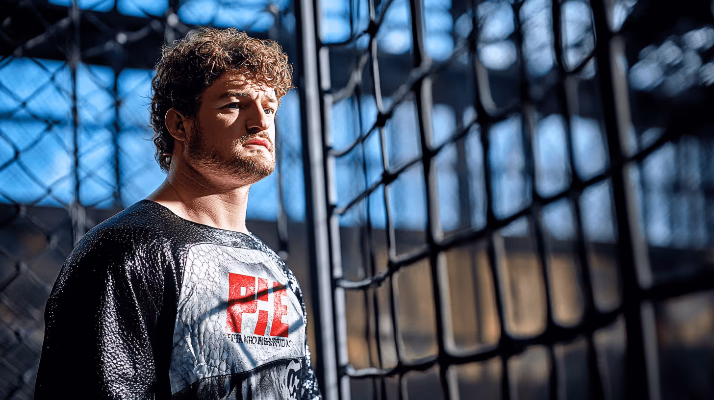 MMA fighter Ben Askren with curly hair, wearing a black long-sleeve with red graphics, poses confidently in a blurred MMA cage.